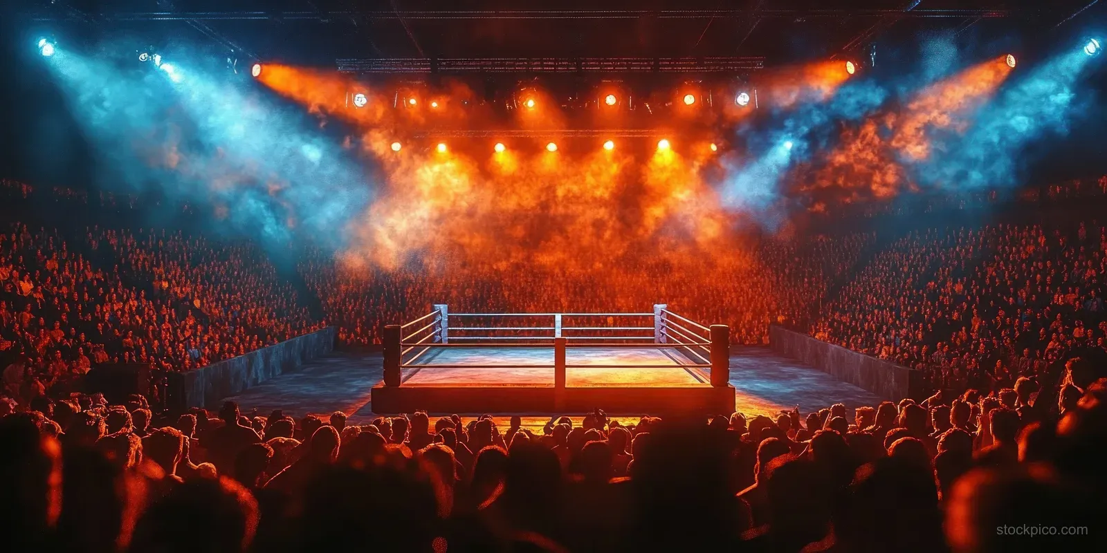 An empty wrestling ring in a packed indoor arena with blue and orange spotlights and smoke drifting across the lights.