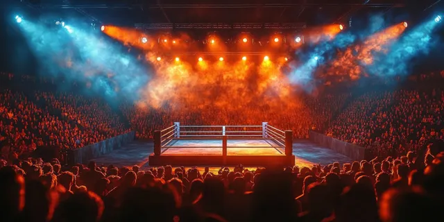 An empty wrestling ring in a packed indoor arena with blue and orange spotlights and smoke drifting across the lights.
