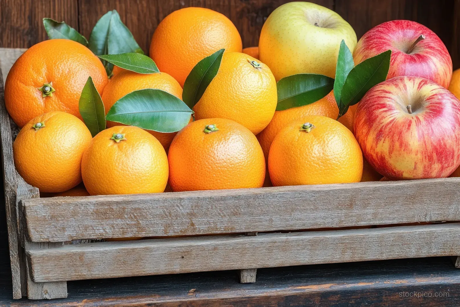 Oranges and a red apple with green leaves rest in a weathered wooden crate under natural light.