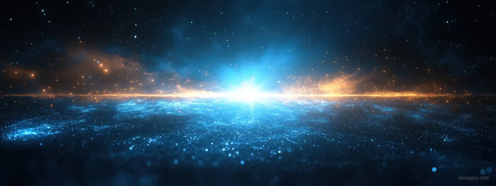 Blue light burst shines across a starry space scene with lens flares, optical rings, and cosmic dust.