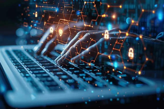 Cybersecurity analyst typing on laptop with glowing padlock icons in data network space
