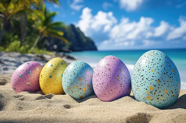 Colorful speckled eggs arranged in a row on a sandy tropical beach with blue ocean and palm trees.