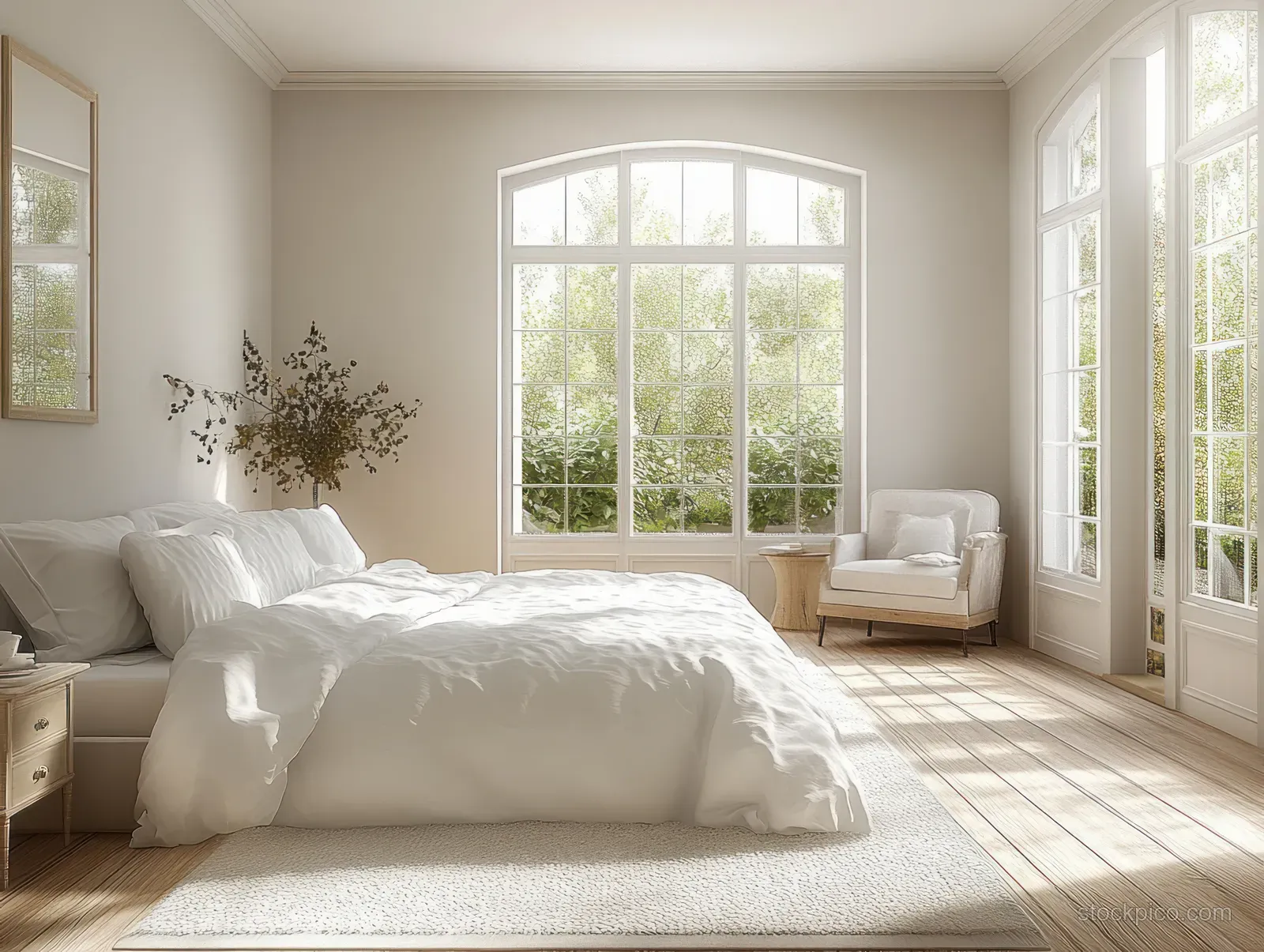 Sunlit minimalist bedroom with a white bedspread, arched windows, wooden floor, and subtle fabric shadows.