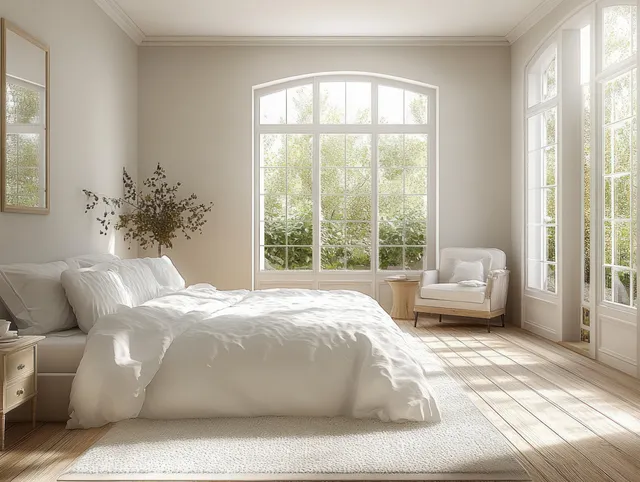 Sunlit minimalist bedroom with a white bedspread, arched windows, wooden floor, and subtle fabric shadows.