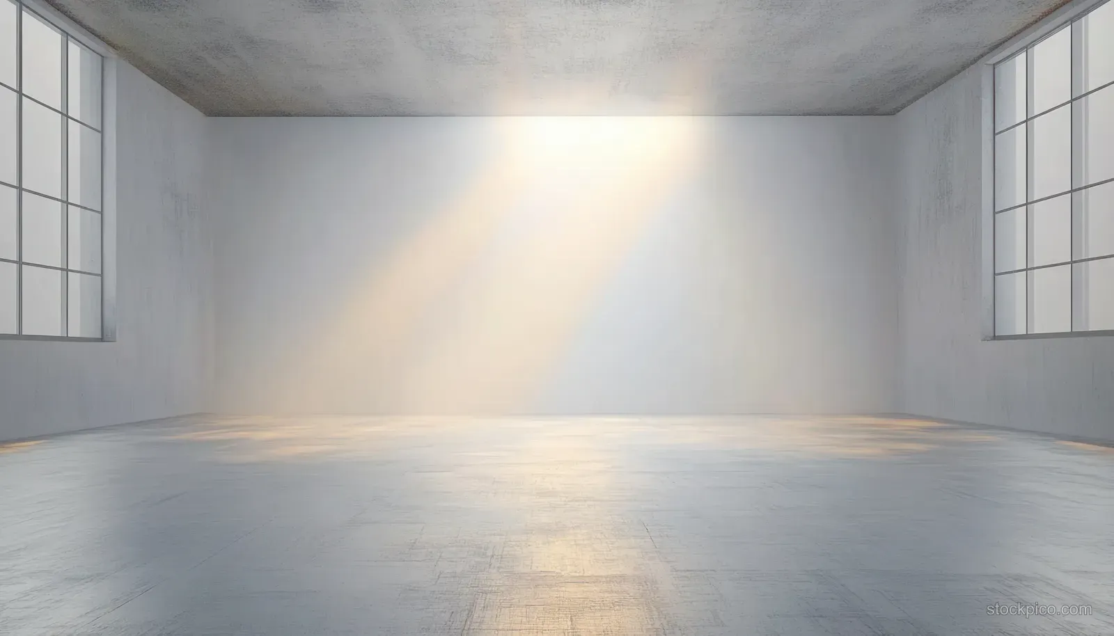 Empty minimalist studio room with grey walls and soft spotlight casting shadows across a concrete floor.