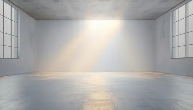 Minimalist bright studio room with soft spotlight glow on grey concrete floor