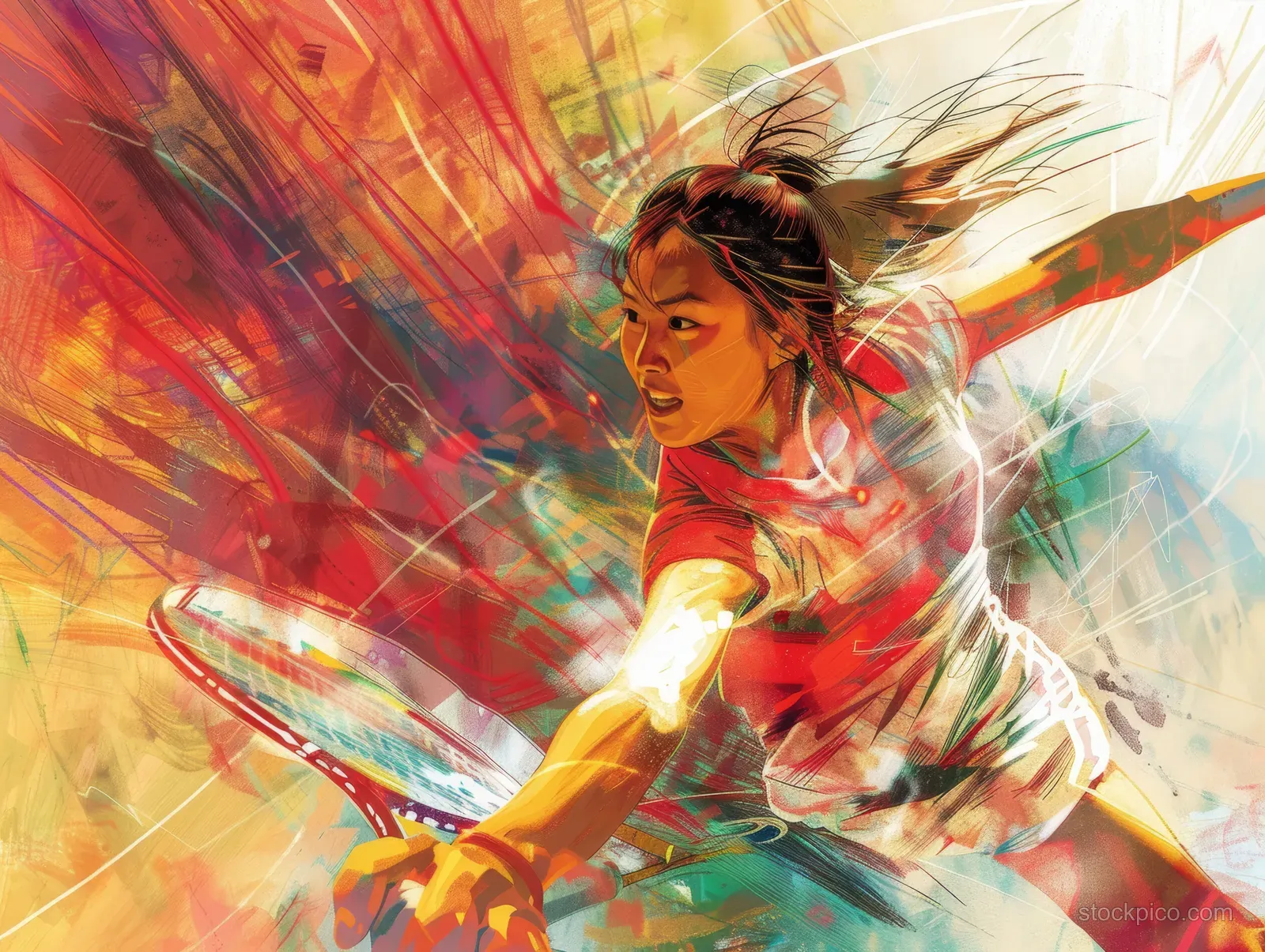 An abstract artwork depicting a vibrant women's tennis match filled with color, motion, and a sense of triumph.