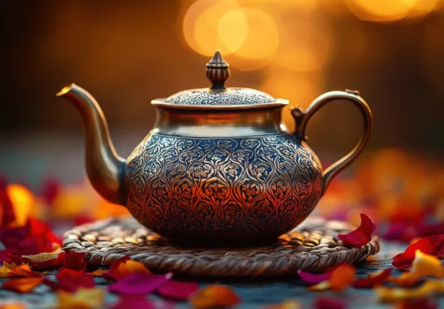 Ornate metal teapot with floral engravings on woven mat amid scattered petals