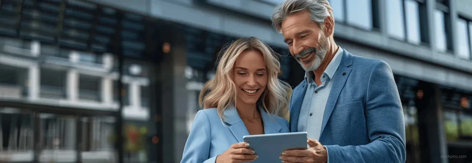 A business couple smiles while reviewing a project on a digital tablet outdoors near a modern office building.