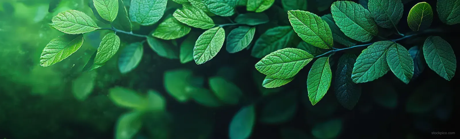 Vibrant green leaves on a branch, softly lit by sunlight with a blurred green background.
