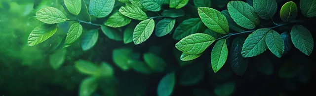 Close-up green leaves on a branch with soft sunlight and blurred forest backdrop