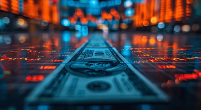 US dollar banknote in the foreground with glowing trading chart and stock market numbers in the background.