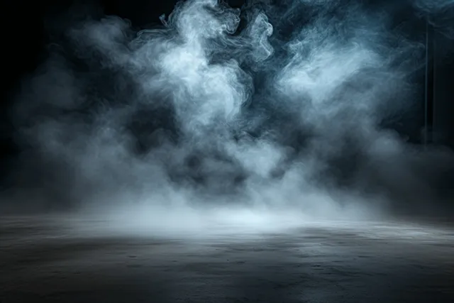Dark concrete floor with swirling smoke and fog, moody stage light haze