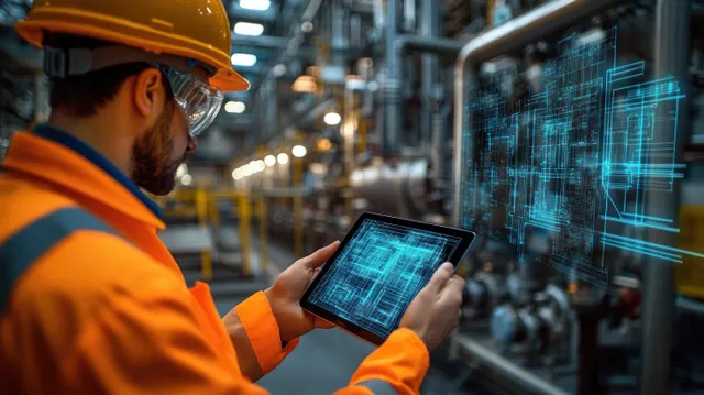 Engineer in orange safety gear holds a tablet showing digital blueprints next to metal machinery and pipes in a factory.