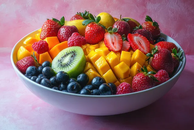 Un cuenco blanco con ensalada de frutas fresca con fresas, kiwi, mango y arándanos sobre un fondo rosa.