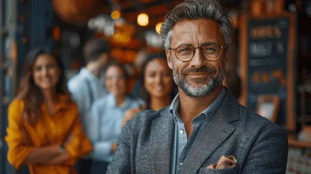 Smiling young businessman in an office with a blurred diverse team behind him in an AI illustration style.