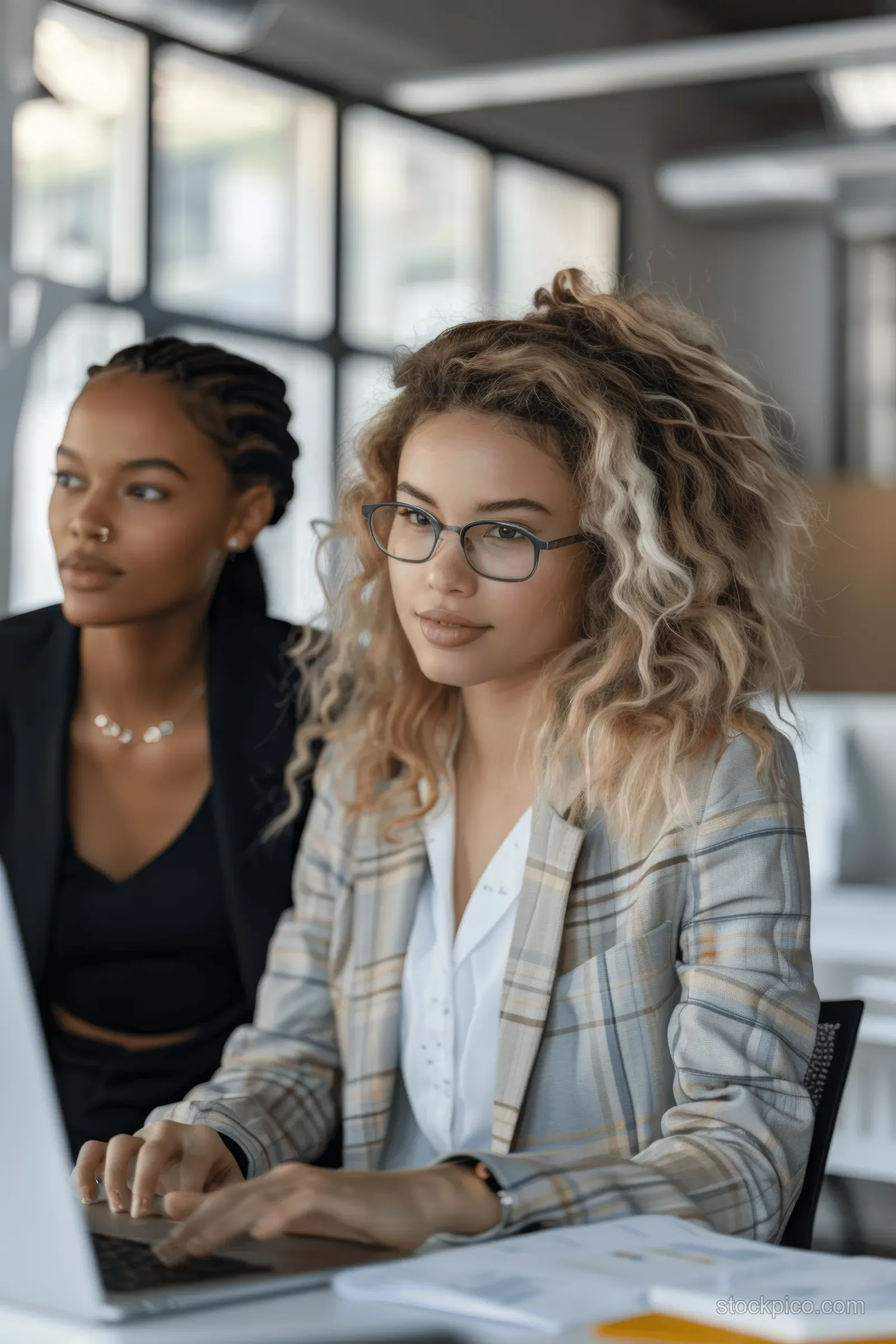 Two businesswomen collaborate on a laptop at a desk during a team meeting in a bright modern office.