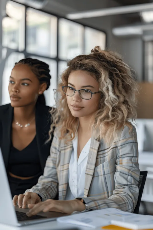 Two businesswomen collaborate on a laptop at a desk during a team meeting in a bright modern office.