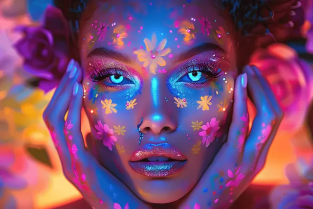 A neon-lit beauty model shows colorful floral face makeup with hands on her cheeks in a vibrant background.