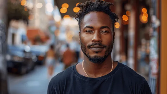 African American man poses in blank black t-shirt on urban street with bokeh lights