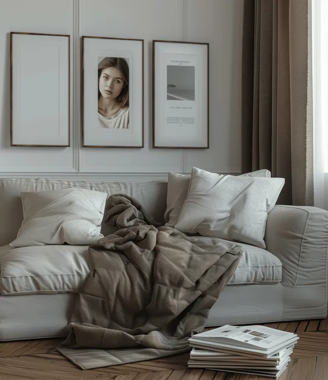 Gray sofa with pillows sits beneath framed pictures on a white wall, with curtains and soft daylight in the living room.