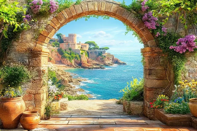 Mediterranean courtyard framed by ancient stone arch overlooking turquoise sea and cliffs