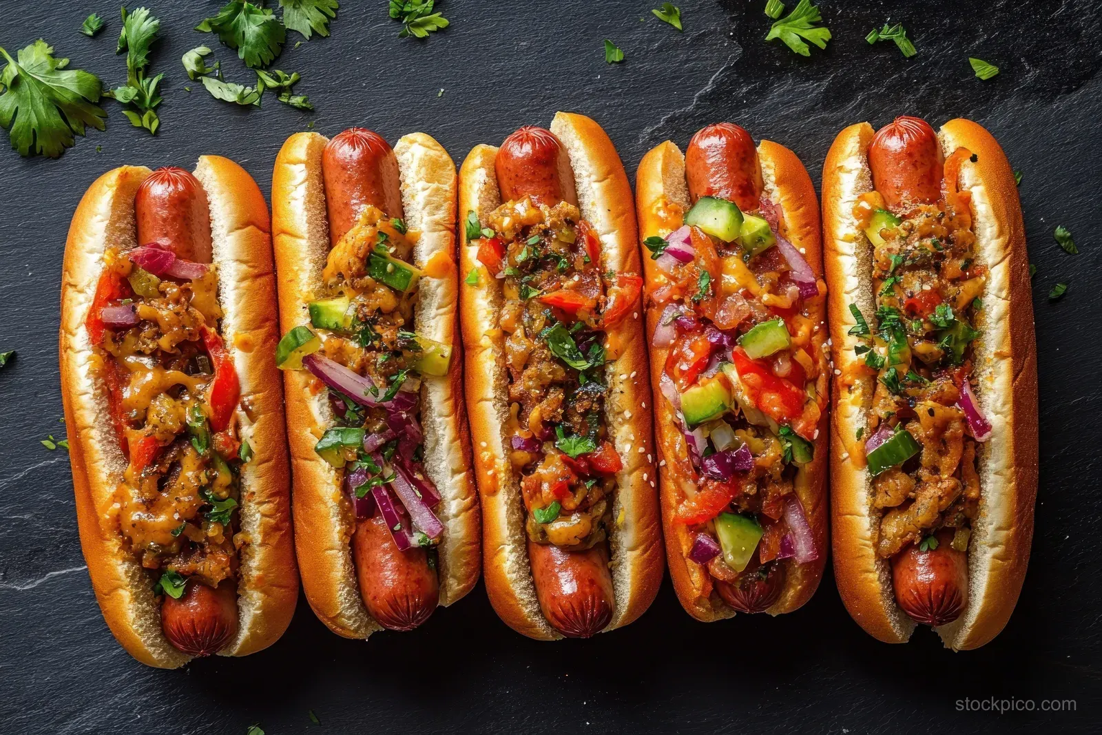 Six hot dogs in buns topped with diced vegetables, onions, herbs, and sauce lined on a dark surface with parsley scattered.