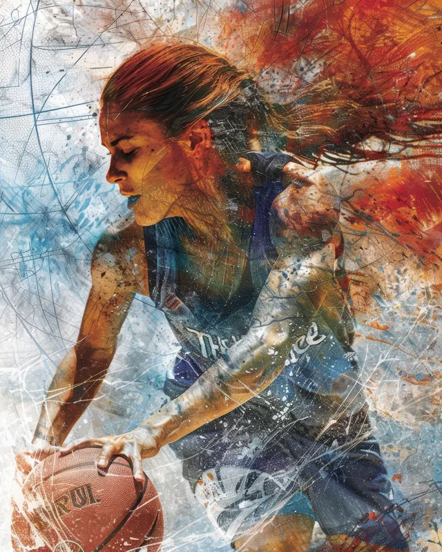 French female 3x3 basketball player dribbling a ball with swirling red and blue paint motion behind her.