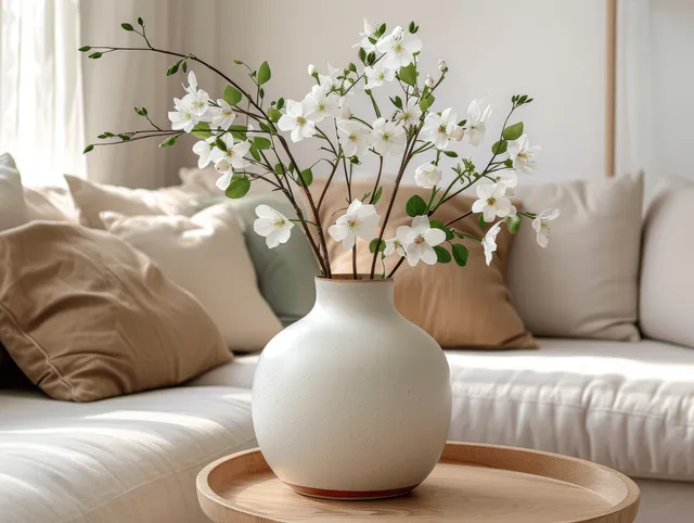 White ceramic vase with white blossoms on a round tray against beige sofa cushions in a bright living room.