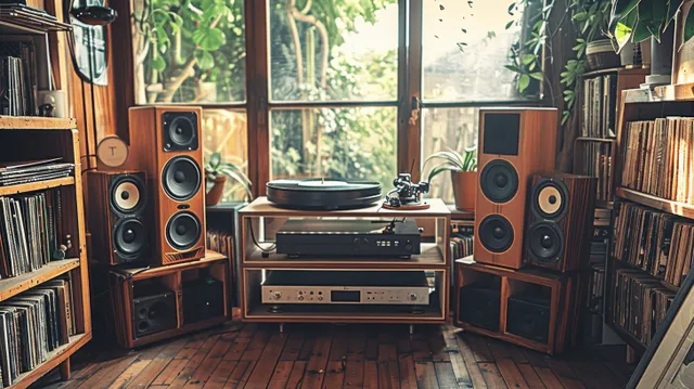 Vintage turntable stereo system with tall wooden speakers, vinyl records, and warm sunlight in a listening room.