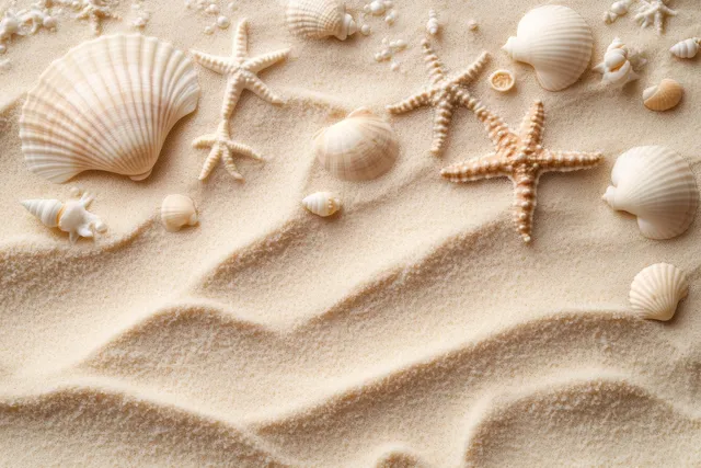 Seashells, starfish, and small shells scattered on rippled sand in a sunlit coastal background.