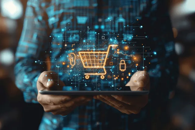 Man holding a tablet displaying an online shopping growth graph and glowing cart icon