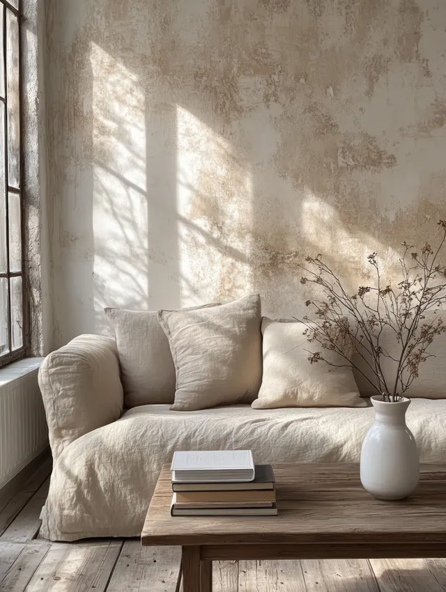 Beige sofa beside a wooden coffee table with dried flowers in a sunlit minimalist living room.