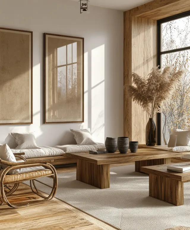 Sunlit Japanese-inspired dining area with wooden table, wicker chairs, neutral walls, and framed art.