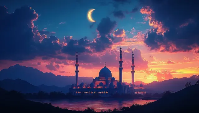 A silhouetted mosque with multiple minarets by a calm lake at colorful sunset under a crescent moon.