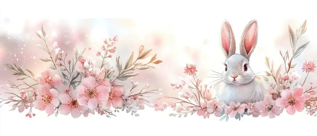 Easter bunny with upright ears sits among pink blossoms and soft watercolor branches on a pale spring background.
