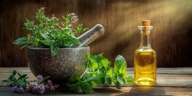 Stone mortar filled with fresh herbs beside a small bottle of golden oil on a rustic wooden table.