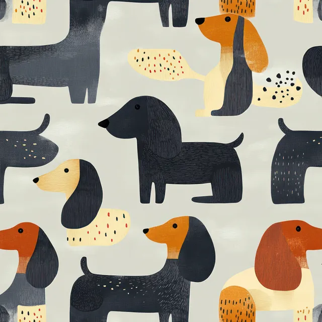Repeating pattern of stylized dachshund dogs in black, brown, and cream with dotted abstract accents on a light background.