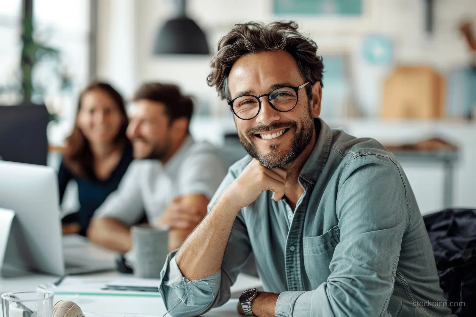 Smiling man with glasses sits at a desk in an office meeting while coworkers work behind him.