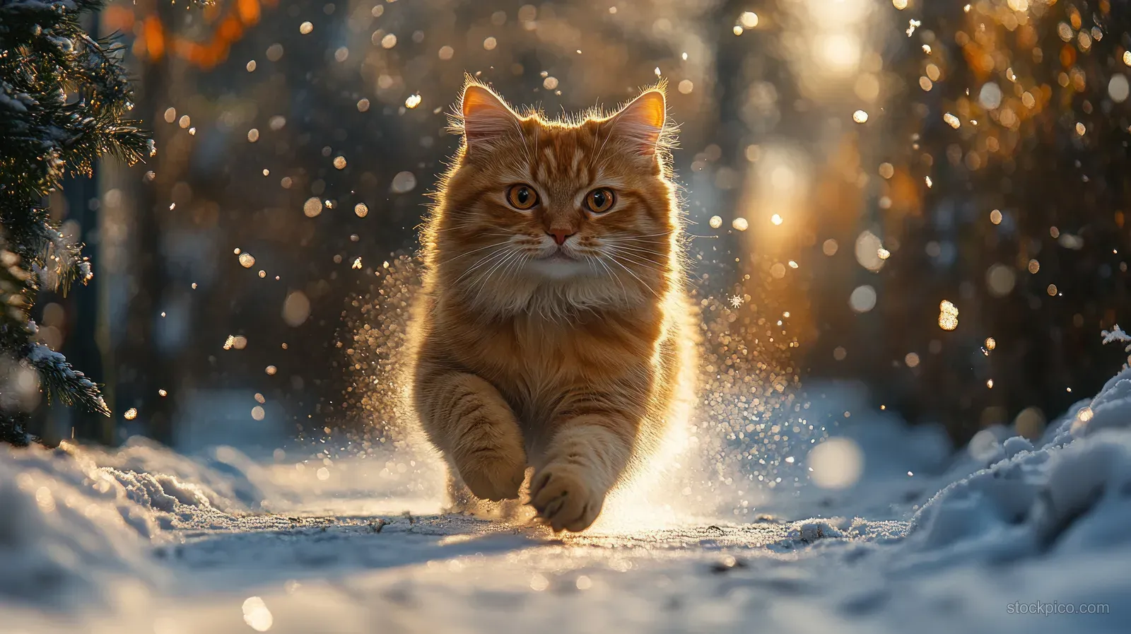 A fluffy cat runs toward the camera on a snowy path as sunlight glows and snowflakes fall around it.