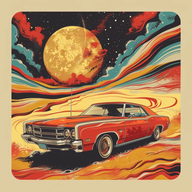 Retro futuristic red car driving through psychedelic cosmic swirls under a glowing sun.