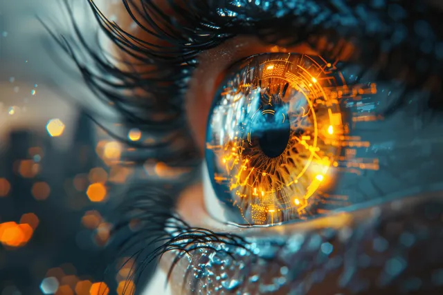 Close-up de um olho humano com anéis de escaneamento biométrico holográfico e padrões de dados brilhantes sobre um fundo urbano desfocado.