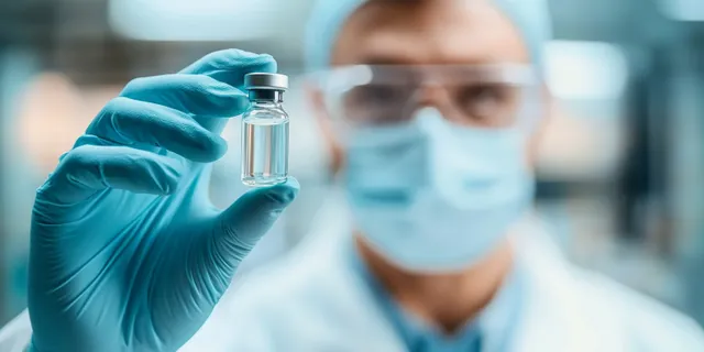 A gloved scientist holds a small vaccine vial in a clinical lab with a blurred healthcare background.