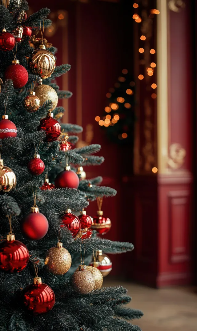 A decorated Christmas tree branch with red and gold ornaments beside warm blurred candlelight in a baroque room.