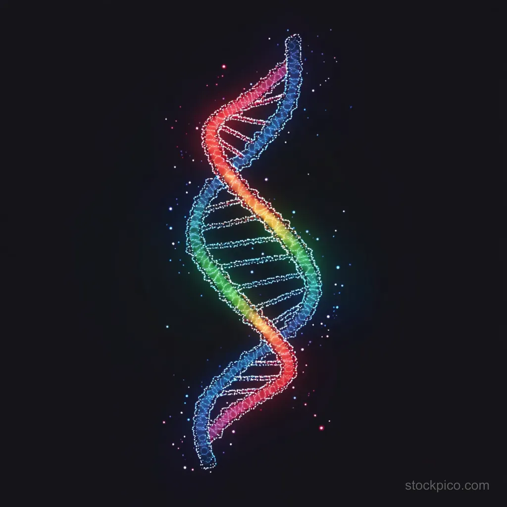 Colorful glowing DNA double helix floats on a dark background with visible nucleotide ladder rungs.