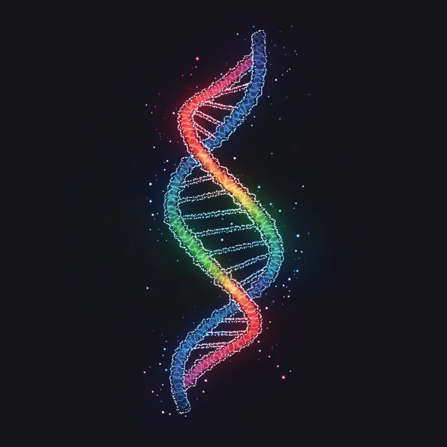 Glowing colorful DNA double helix floating on dark background with nucleotide ladder detail