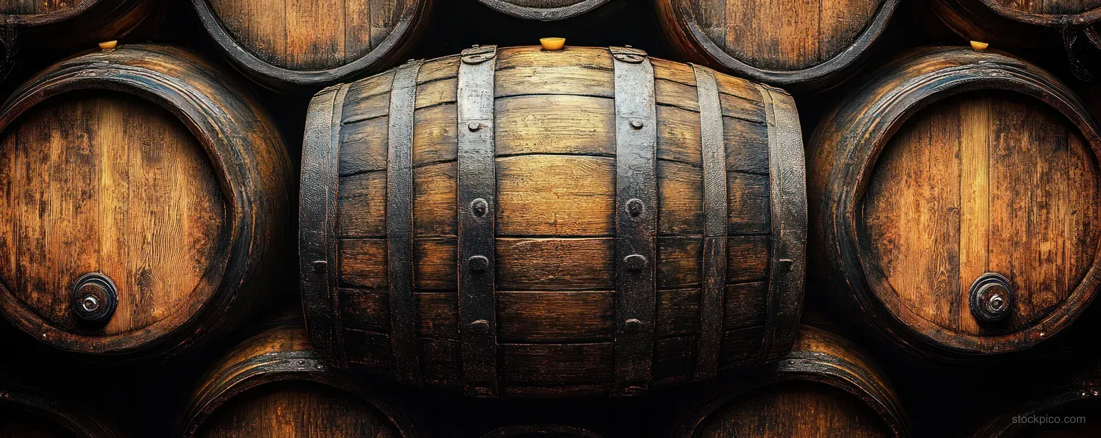 Stacked rustic wooden barrels with metal bands fill the frame in a dimly lit cellar.