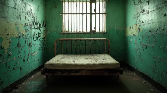 Empty prison cell interior with peeling turquoise walls, graffiti, rusty bed frame, and light from a barred window.