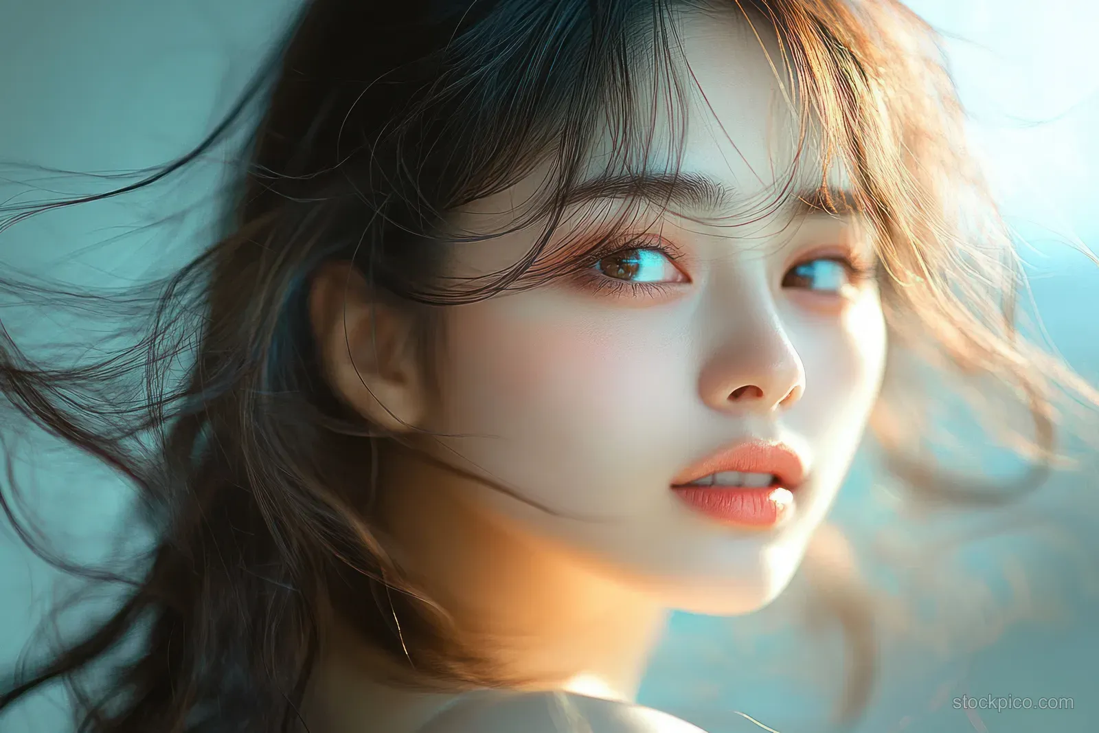 Asian woman in warm sunlight with flowing hair, looking to the side in a soft-focus beauty portrait.