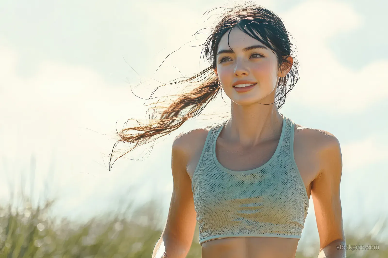 Smiling woman jogging outdoors in a sunny field with flowing hair and blue athletic top.